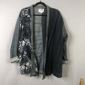 Wild Woman Jacket Womens L XL Gray Black Patchwork Open Front Cotton Handmade